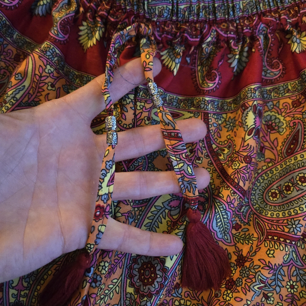 Orange Paisley Silk Wide Leg Boho Pants Elastic Waist Tassle Ties CW3 - Picture 9 of 11